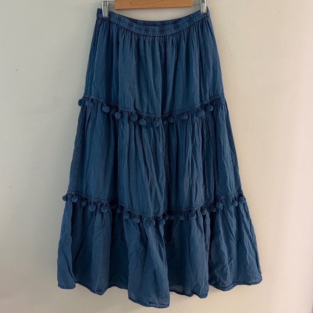 Solitaire Blue Cotton Tiered Maxi Skirt Pom Pom Trim Boho Peasant Medium
